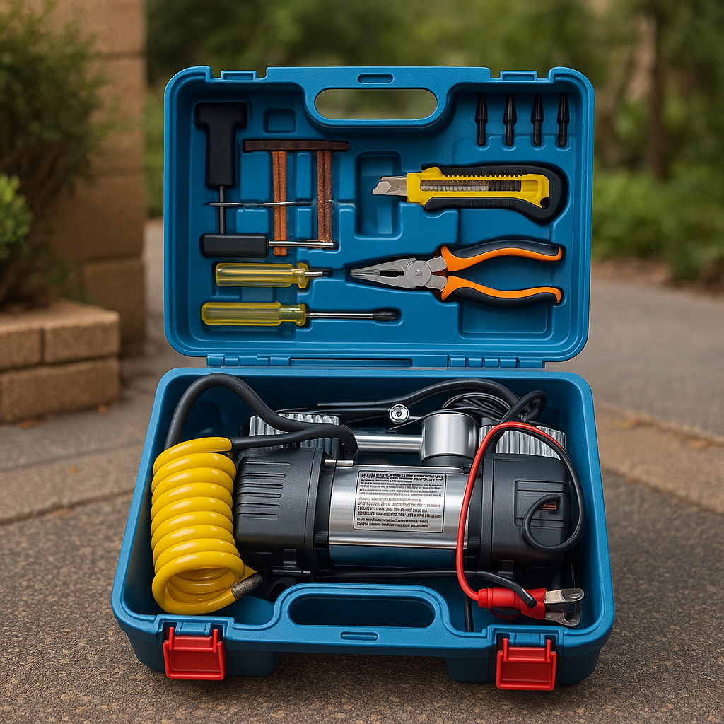 Air Compressor 2 Cylinder With Tools in a sturdy PVC case, featuring essential accessories like pliers, screwdrivers, and a hose for efficient air compression.