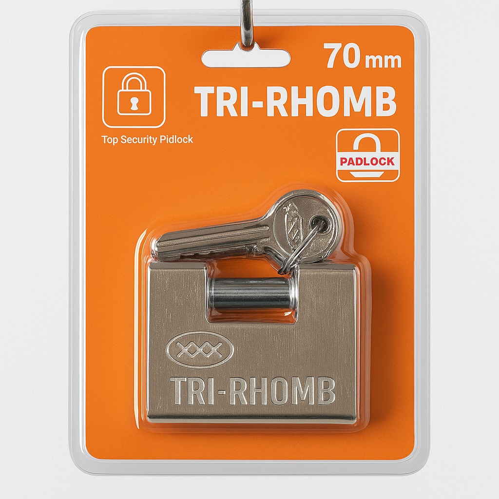 Pad Lock Square Tri-Rhomb in its packaging, featuring a high-security design with a key, ideal for securing various items with durability and weather resistance.