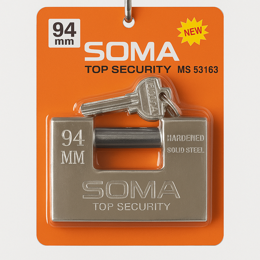 Pad Lock Armour Soma, 94mm security padlock made of hardened solid steel, featuring a key and packaged in an eye-catching orange label.