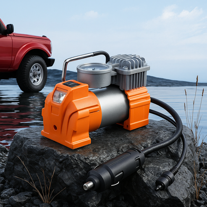 Air Compressor SFAK12A Somafix displayed on a rock near water, featuring a compact design and cigarette lighter connection, ideal for outdoor and travel use.
