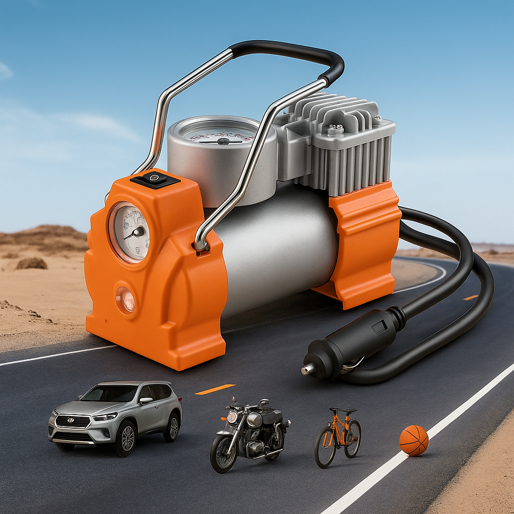 Air Compressor SFAK12A Somafix showcased on a desert road with a car, motorcycle, bike, and basketball, emphasizing its versatility for various inflation needs.