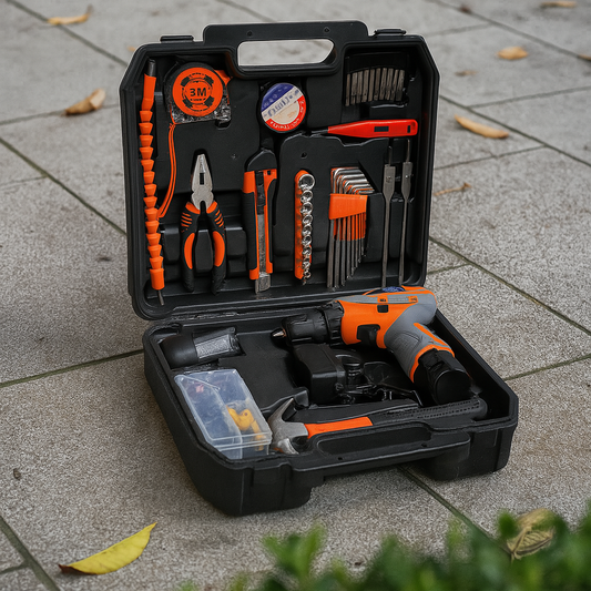 Cordless Drill With Case 53 Pcs Set 12V MS53984 Huntar - A well-organized toolkit showing the cordless drill, various screwdriver bits, pliers, and measuring tools, perfect for DIY projects and home repairs.