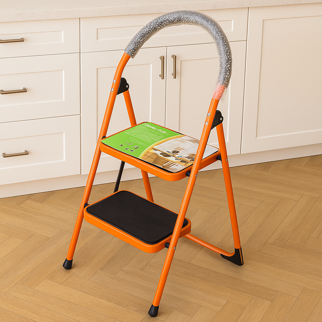Heavy-Duty Ladder 2-Step by SOMA positioned in a modern kitchen, showcasing its vibrant orange color and sturdy construction, perfect for home and workshop use.