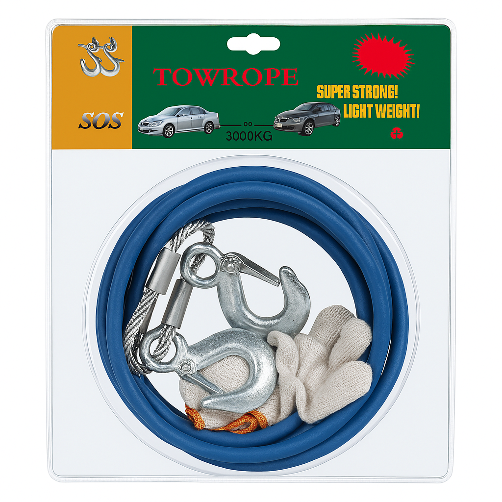 Tow Rope Steel Wire in packaging, featuring a heavy-duty towing solution designed for vehicles, showcasing its strength and portability.