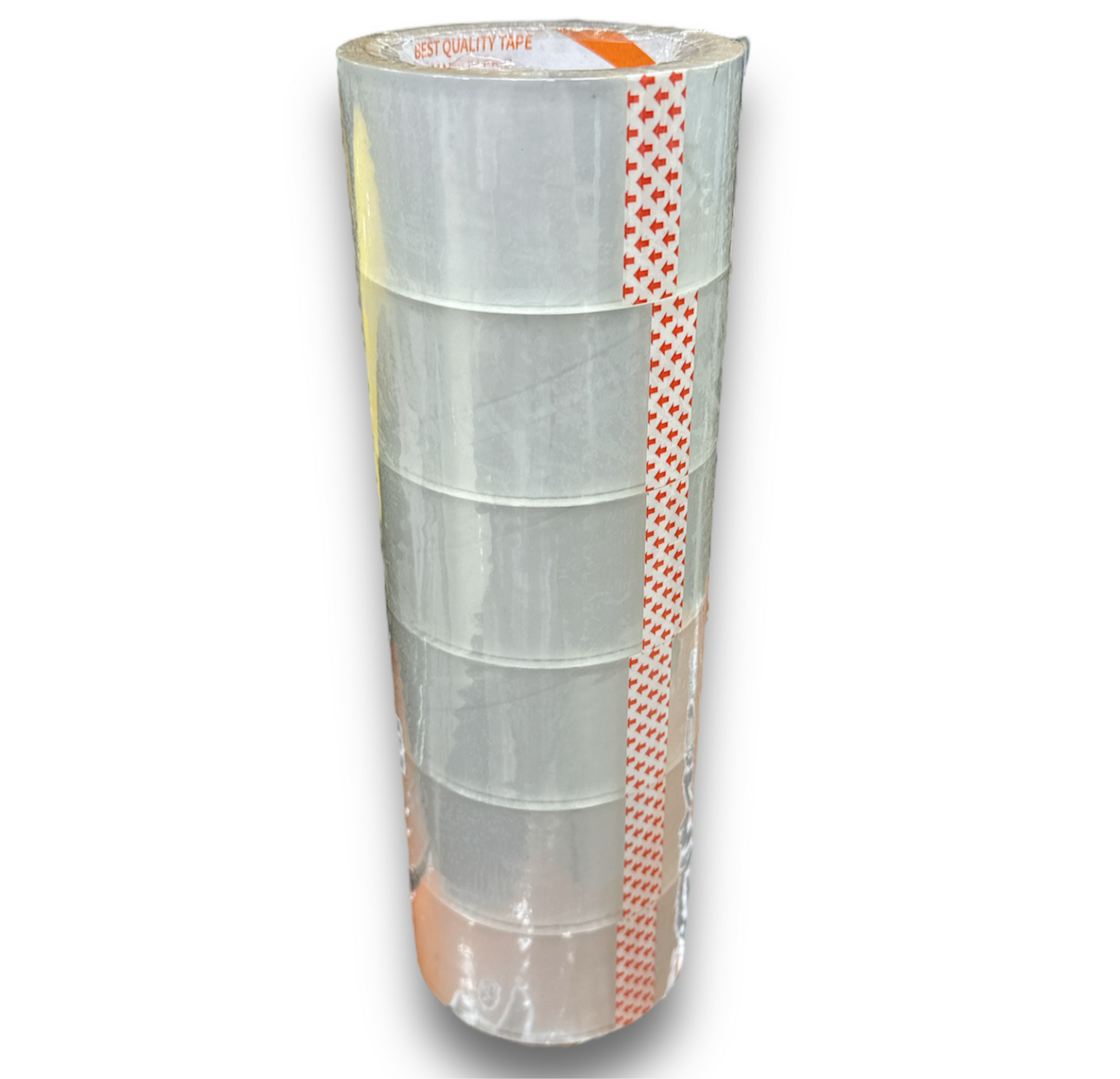 Packing Tape Clear 2" MS53507 - 6PCS/ROLL, showcasing a roll of strong adhesive packing tape stacked vertically, ideal for secure packaging and shipping.
