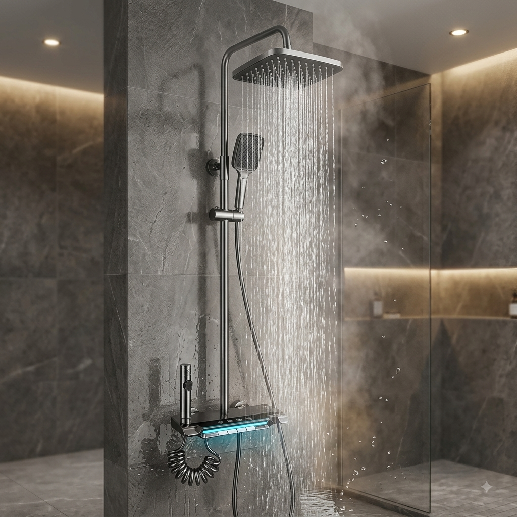 Black Shower Set with Shattaf & LED Light – 4-in-1 Wall Mounted Piano Key Rain Shower System