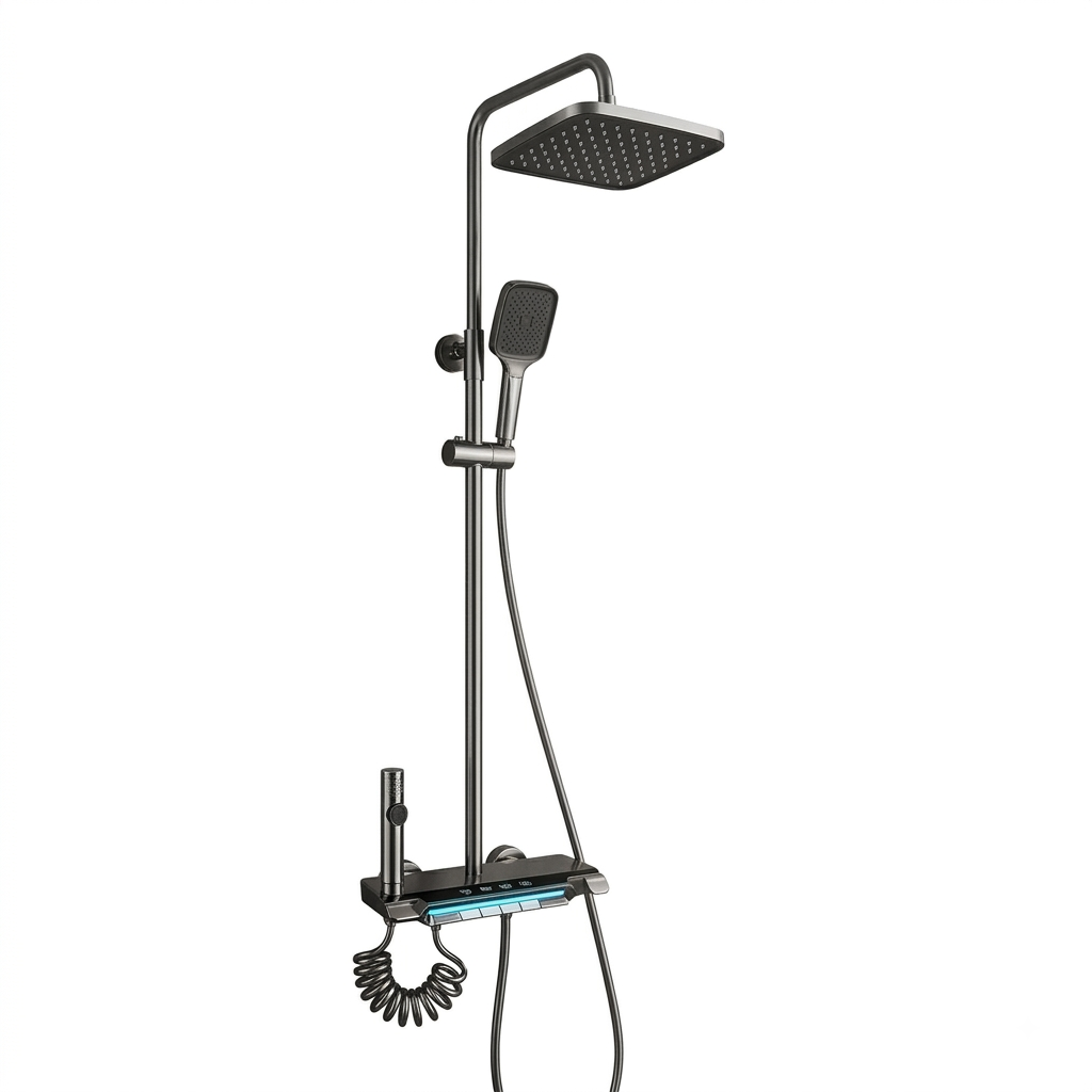 Black Shower Set with Shattaf & LED Light – 4-in-1 Wall Mounted Piano Key Rain Shower System