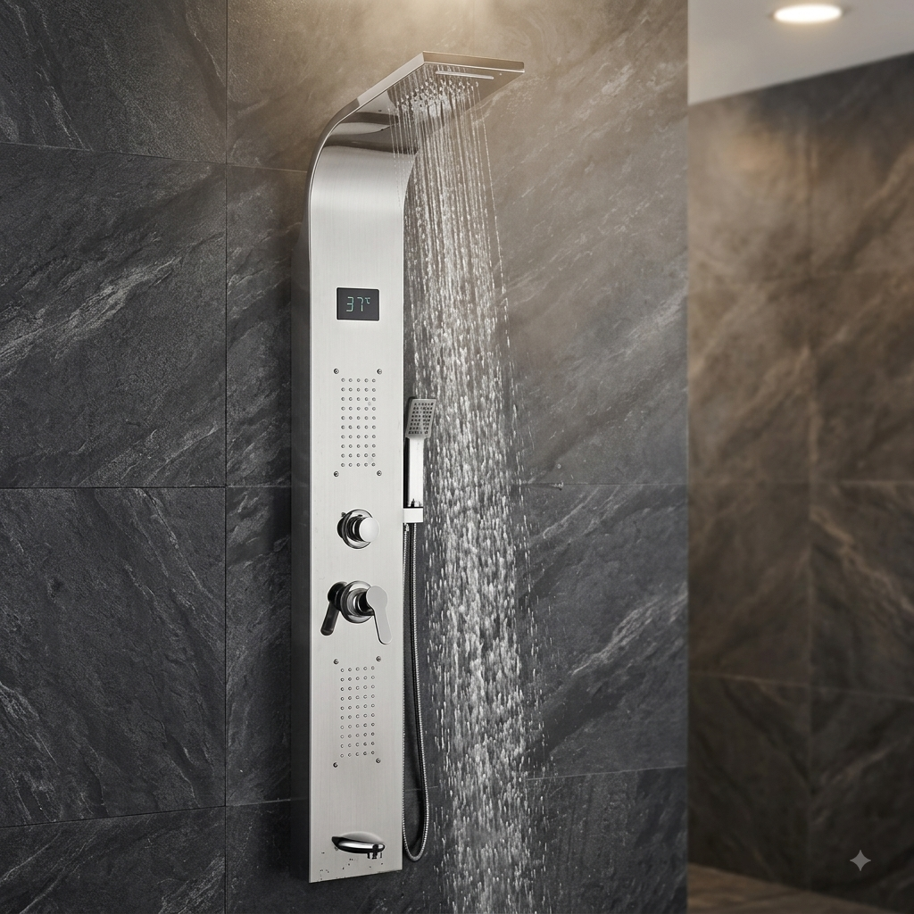 Stainless Steel Thermostatic Shower Panel with Digital Screen – SS Long H/D 5-Function Rainfall Shower Column