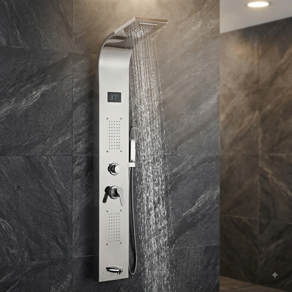 Stainless Steel Thermostatic Shower Panel with Digital Screen – SS Long H/D 5-Function Rainfall Shower Column