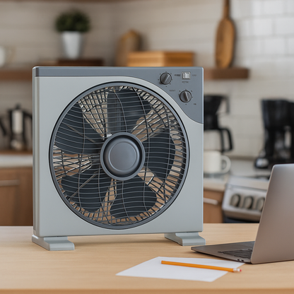 12-Inch Portable Box Fan with Quiet 3-Speed Control, Timer, and Space-Saving Design on a wooden table in a kitchen setting.