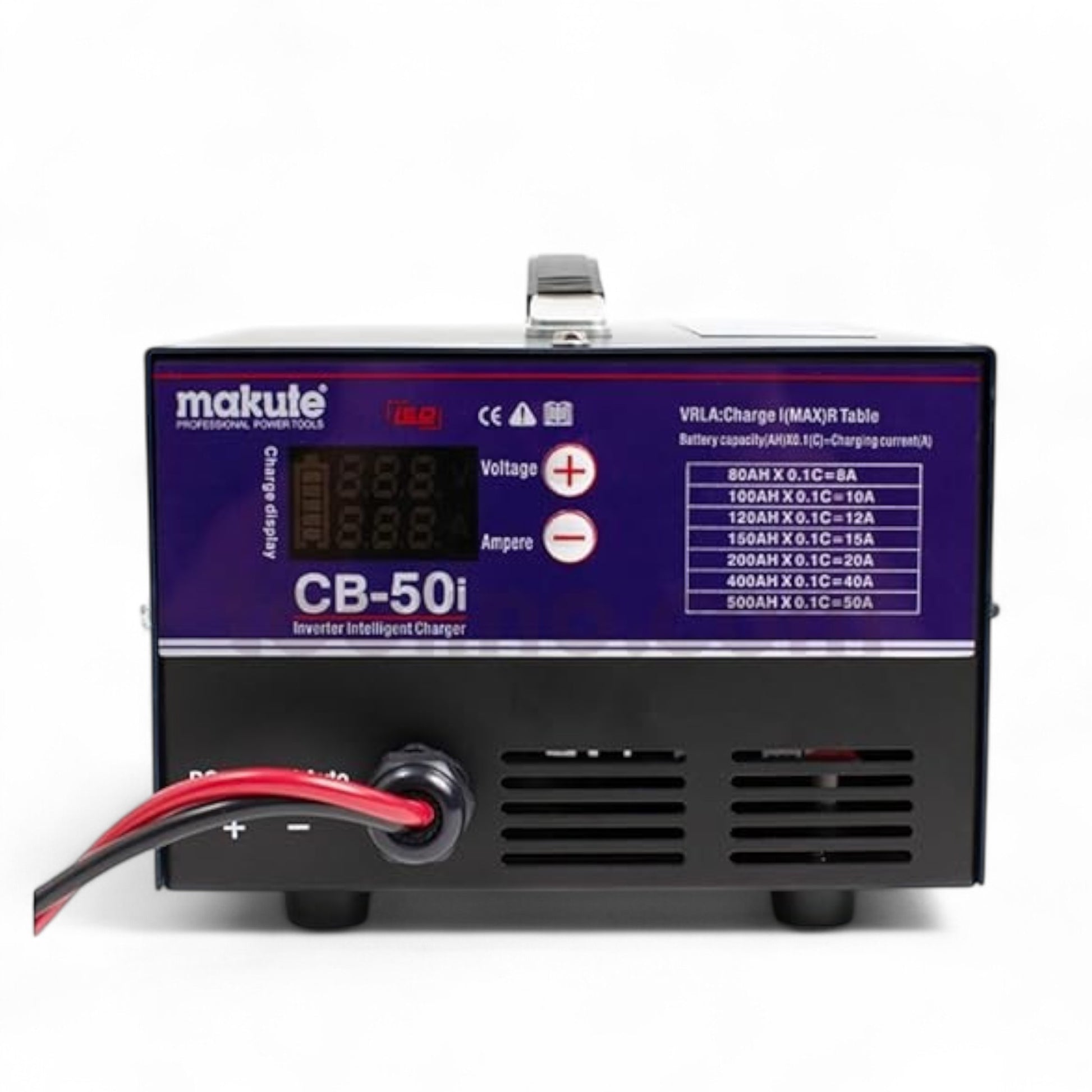 Makute CB501 50A Battery Charger displaying a control panel with voltage settings and charging capability information. Ideal for efficient battery charging for automotive and marine applications.