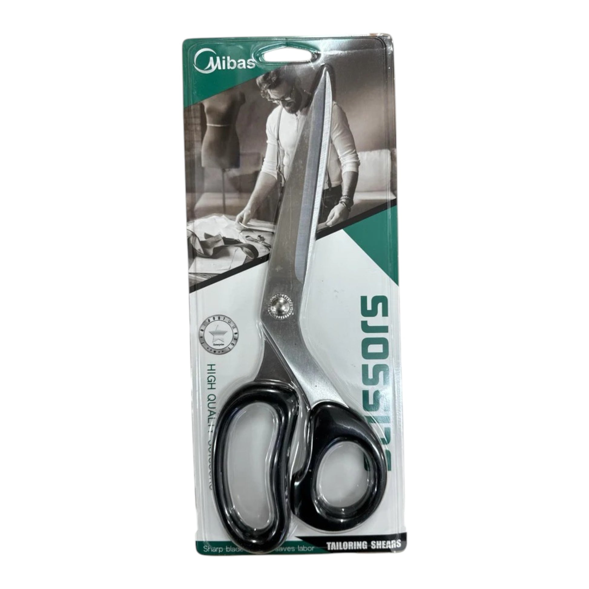 Scissor Tailor 10" Mibas Black Plastic Handle scissors displayed in packaging, showcasing high-quality craftsmanship ideal for tailoring and crafting.