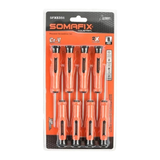 Screw Driver 8pcs Set Precision SFX5356 Somafix displayed in packaging, featuring eight ergonomic screwdrivers designed for precision engineering and versatile applications.