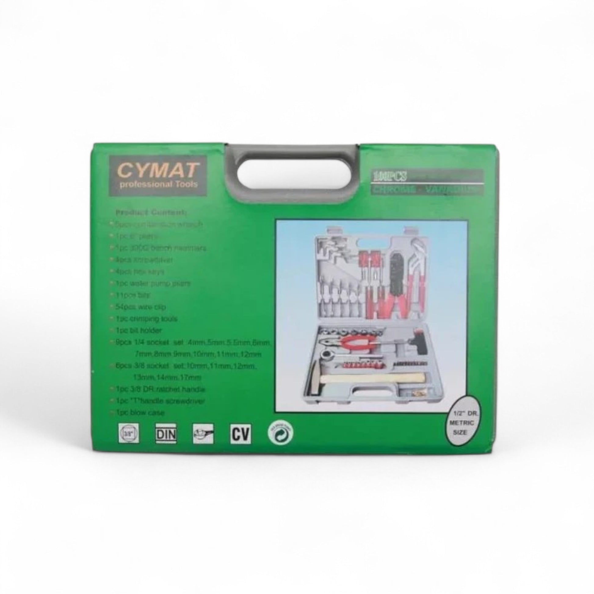 Cymate Tool Kit 100pcs Set displayed in an organized case, showcasing a variety of essential tools including wrenches, screwdrivers, and pliers for DIY and professional use.