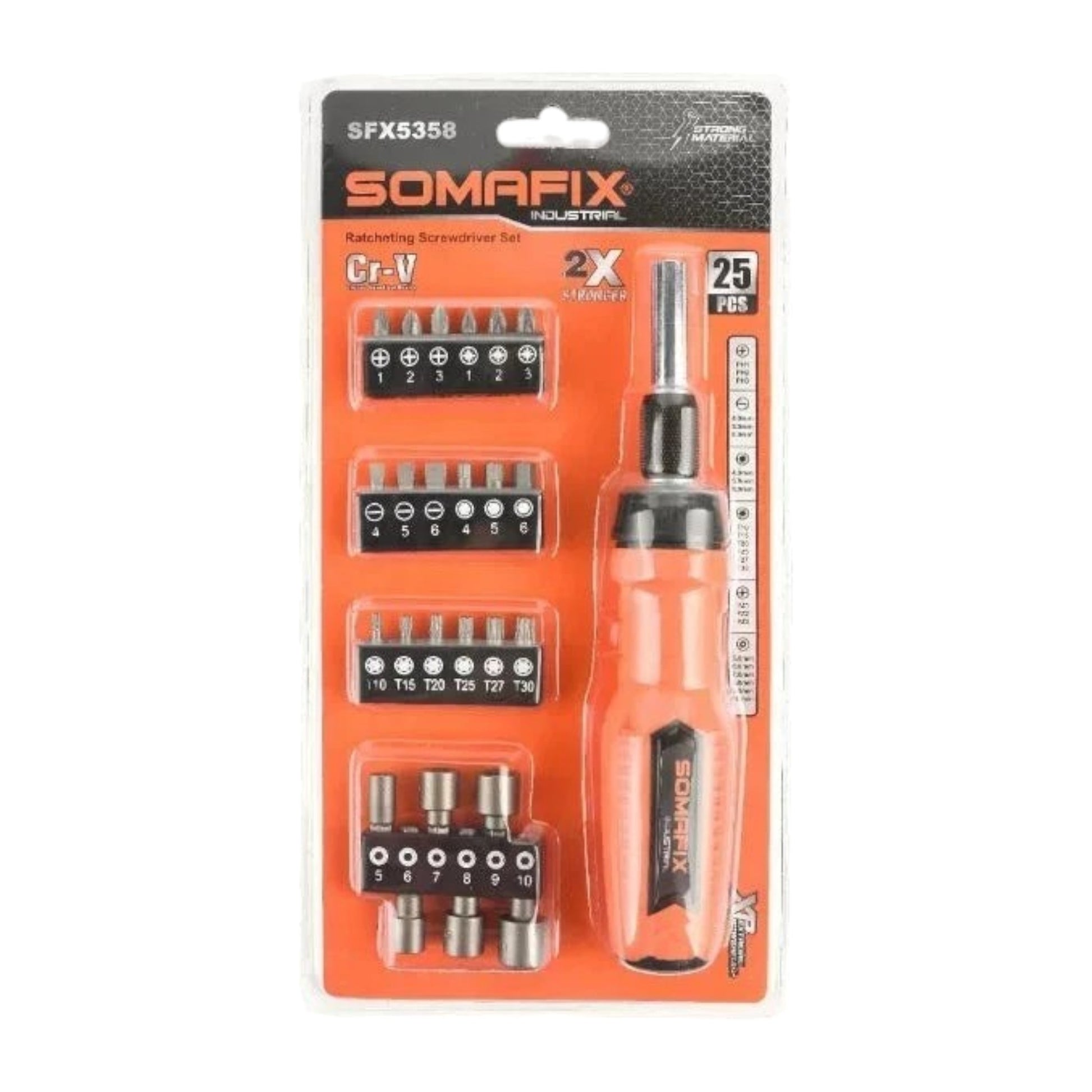 Screw Driver 25pcs Set Ratcheting SFX5358 Somafix displayed in its packaging, showcasing the included ratcheting handle and various screwdriver bits, ideal for DIY projects and professional use.