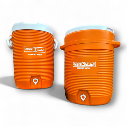 Two Oasis Water Coolers in a bright orange color, highlighting their capacity and functionality for providing cool drinking water in various environments.
