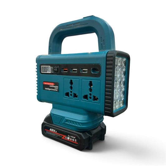 Portable Multifunction Intelligent Inverter with LED Light — 21V Lithium Battery, 2 AC Sockets, USB Ports & Handle