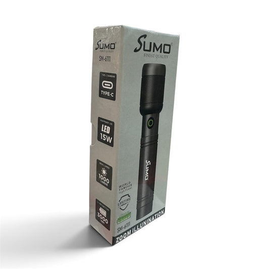 Rechargeable LED Torch 1000 Lumens — SM-6111, 15W, 3000mAh, Type-C Charging & Zoom (1 Year Warranty)