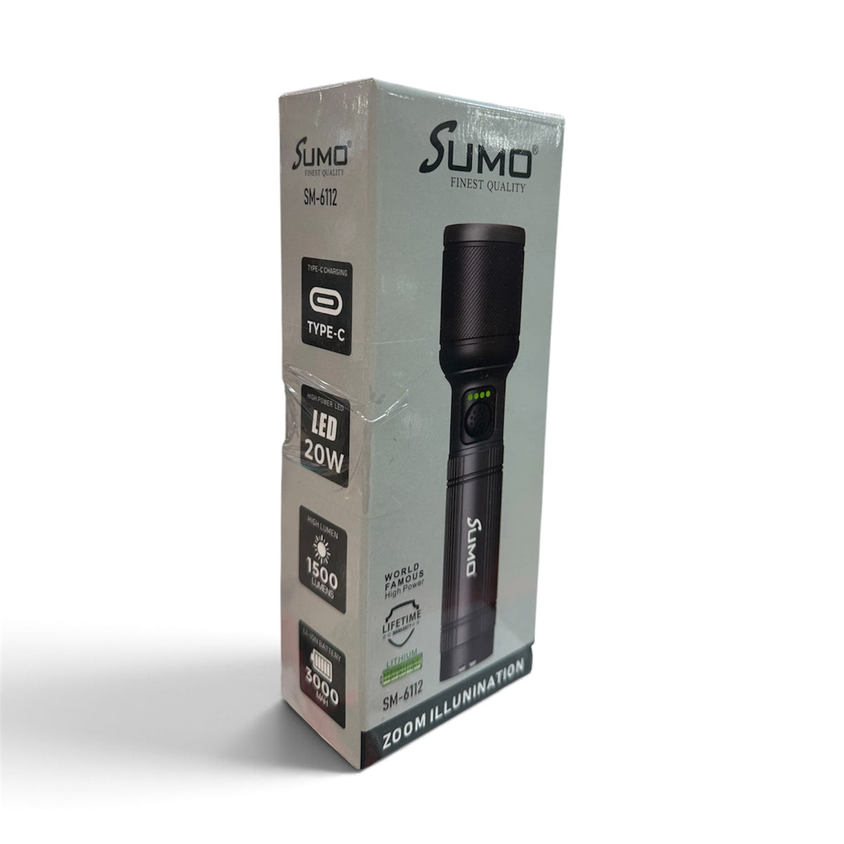 Rechargeable LED Torch 1500 Lumens — SM-6112, 20W, 3000mAh, Type-C Charging & Zoom (1 Year Warranty)