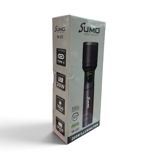 Rechargeable LED Torch 1500 Lumens — SM-6112, 20W, 3000mAh, Type-C Charging & Zoom (1 Year Warranty)