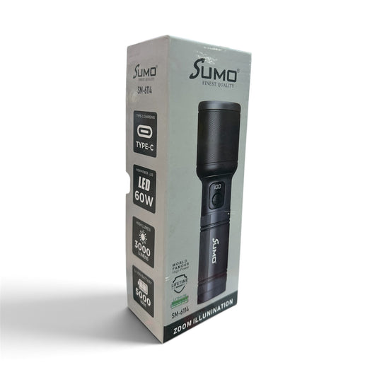 Rechargeable LED Torch 3000 Lumens — SM-6114, 60W, 5000mAh, Type-C Charging & Zoom (1 Year Warranty)