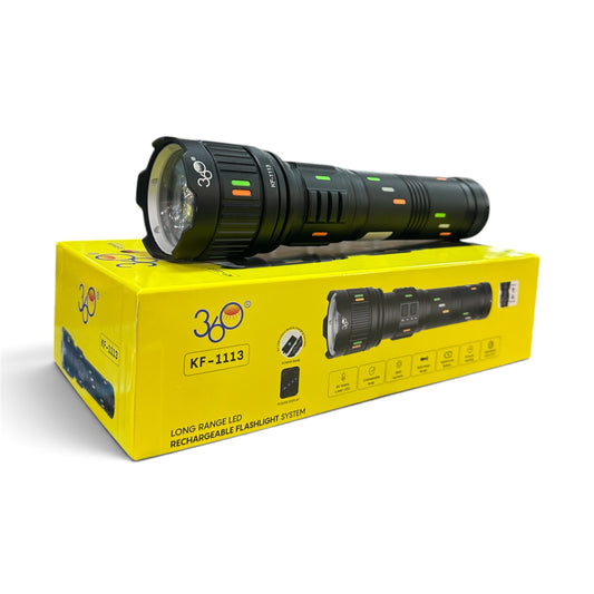 360 Long Range Rechargeable LED Flashlight — KF-1113, 80W Laser LED, 3000 Lumens, Power Bank & Zoom