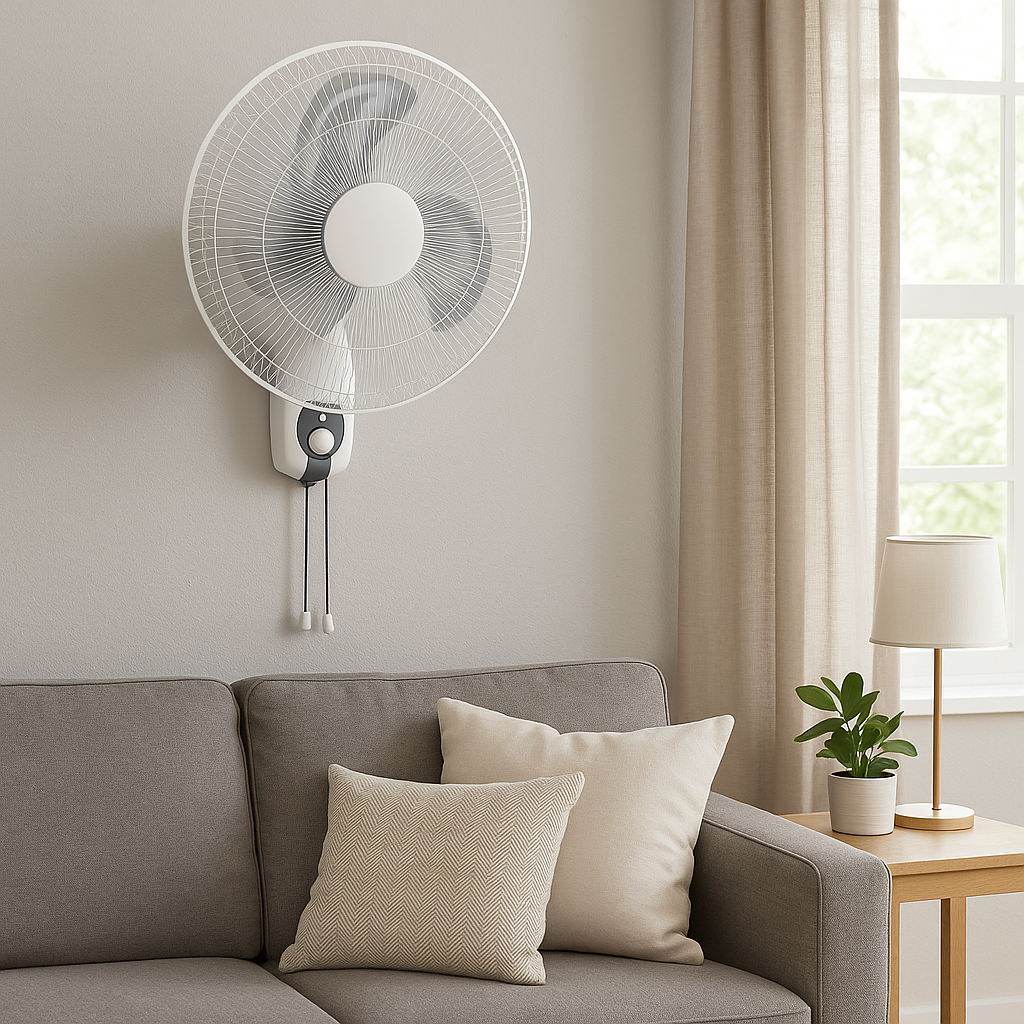 16-inch Wall Fan Metal Blade mounted on a wall in a modern living room setting, showcasing its space-saving design and elegant appearance.