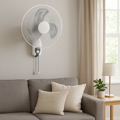 16-inch Wall Fan Metal Blade mounted on a wall in a modern living room setting, showcasing its space-saving design and elegant appearance.