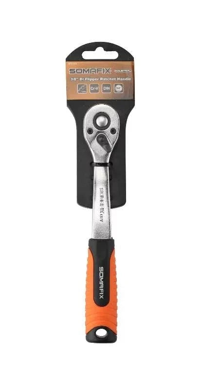 Ratchet Handle Somafix displayed on packaging, showcasing ergonomic design and features for high-performance torque, ideal for professionals and DIY enthusiasts.