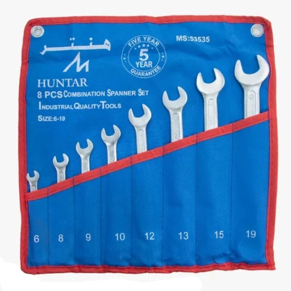 Huntar Spanner Set Comb Polybag 14pcs MS53537 showcasing 8 combination spanners arranged in a protective blue and red case, ideal for mechanical tasks.