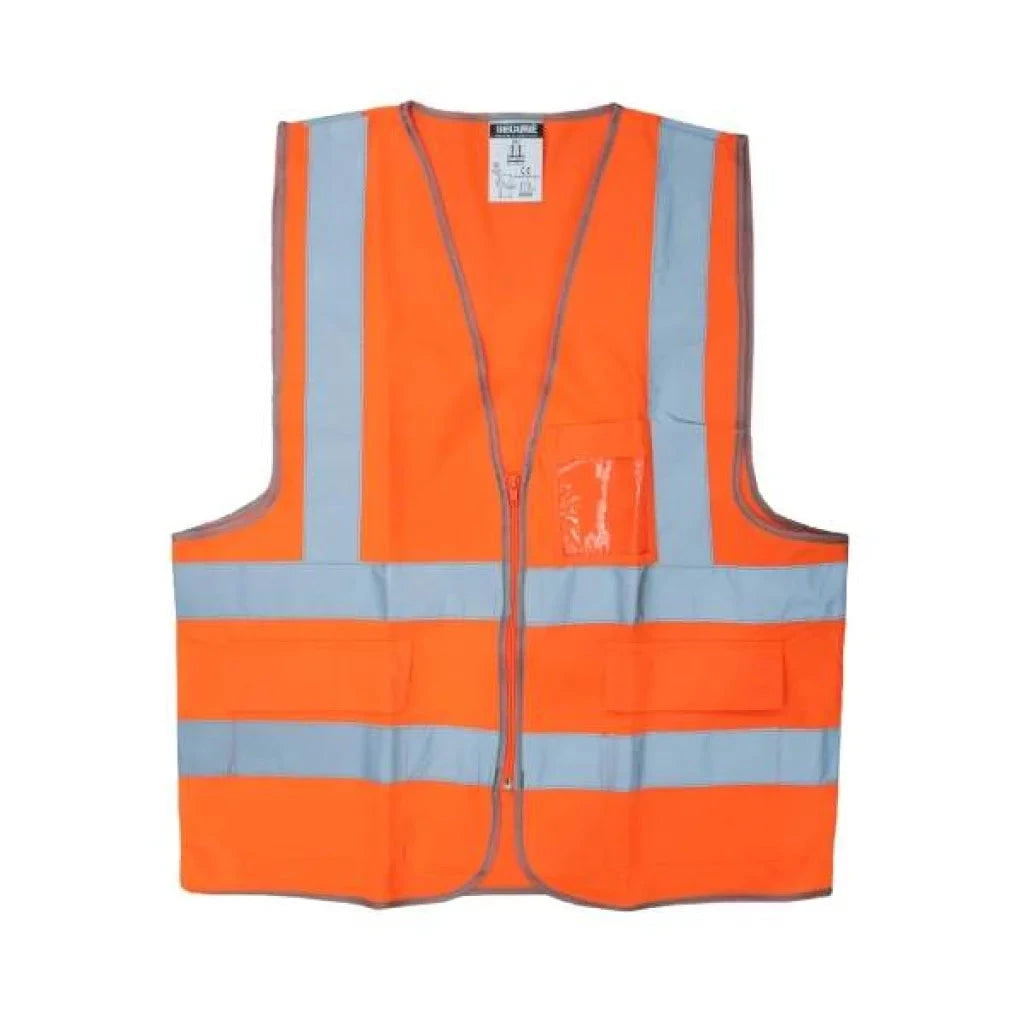 Safety Jacket Cloth 3 Pocket Orange MS53922 featuring high-visibility orange fabric and reflective strips for enhanced safety in low-light conditions, designed for professionals in demanding work environments.