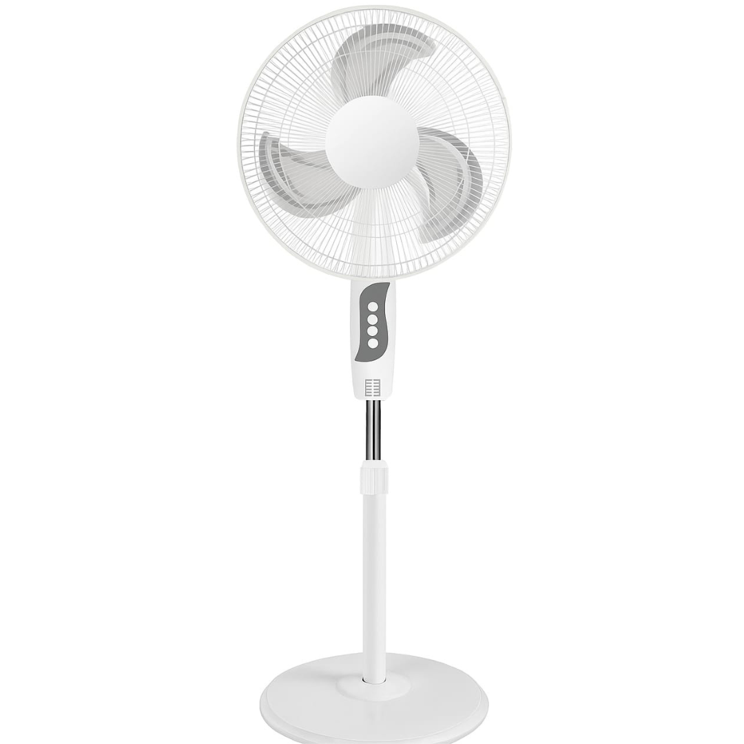 16-Inch Metal Blade Stand Fan With High Airflow, Energy Efficient Cooling, AC 220-240V showcasing a sleek and modern design, ideal for enhancing comfort in homes or offices.