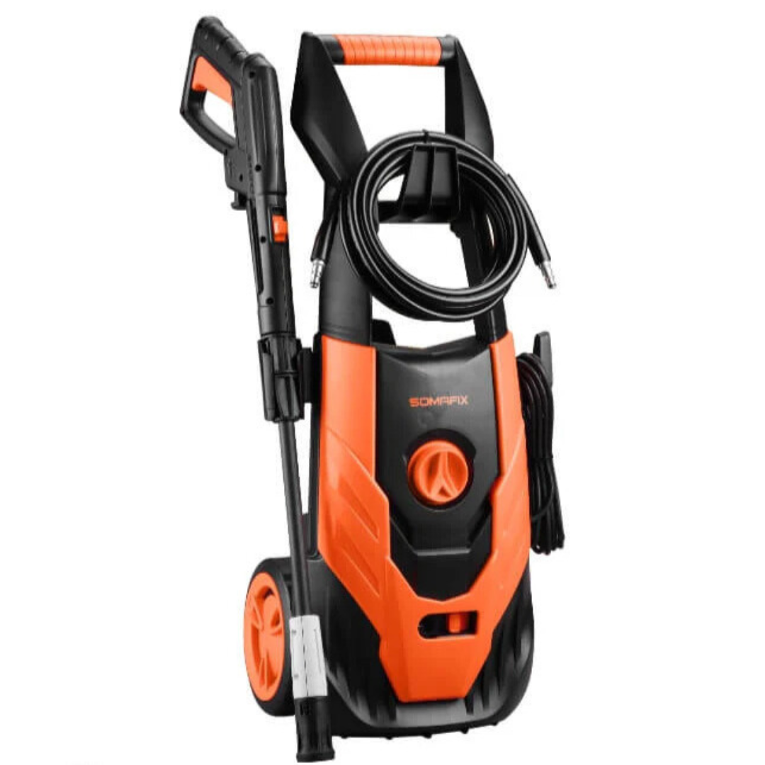 Somafix 1800W Car Pressure Washer featuring a high-pressure nozzle for effective cleaning, adjustable pressure settings, and a user-friendly design, suitable for vehicles and outdoor furniture.