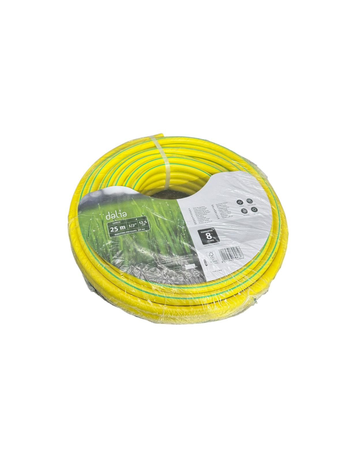 Hose Garden Dalia - Made in Italy, showcasing a bright yellow 25m garden hose neatly packaged for easy use and storage.