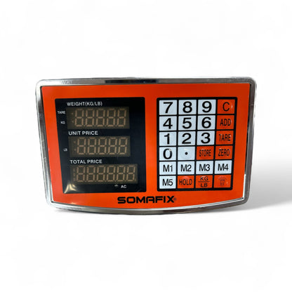 Weighing Scale 300 KG Somafix digital display showing weight measurements, unit price, and total price with a user-friendly interface designed for precise measurement in industrial and commercial settings.