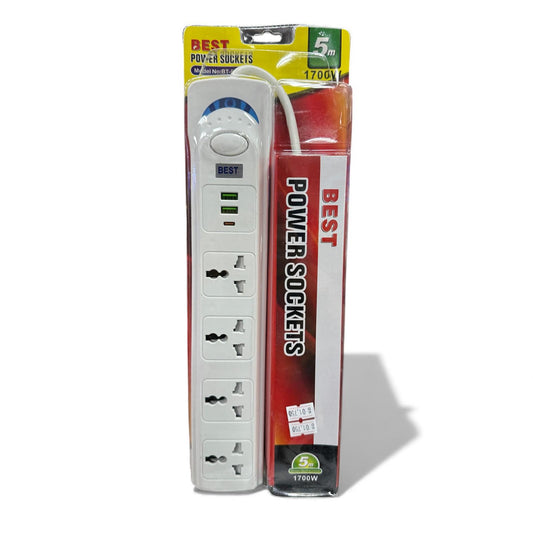 Power Strip Extension Socket – 5 Outlets + 2 USB Ports, 5 Meter Cable (1700W)