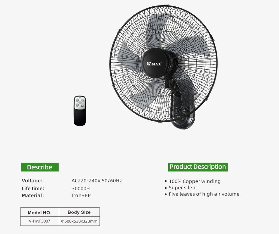 Wall Fan with Remote Control 18" - Remote control fan with quiet and powerful airflow