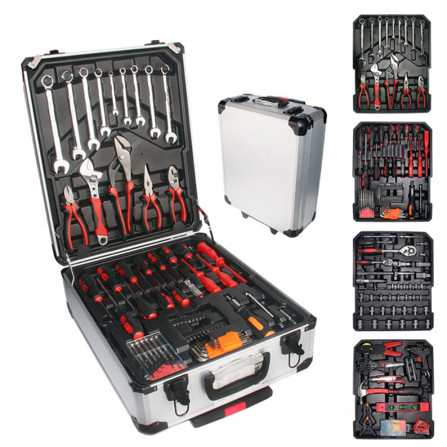 Tool Kit 187 Pcs Set Aluminum Case featuring a comprehensive collection of tools including wrenches, pliers, and screwdrivers, all neatly organized in a durable aluminum storage case.